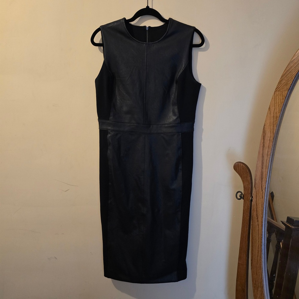 Spanx Womens Black Faux Leather Sheath Dress Sleeveless Mixed Media Large